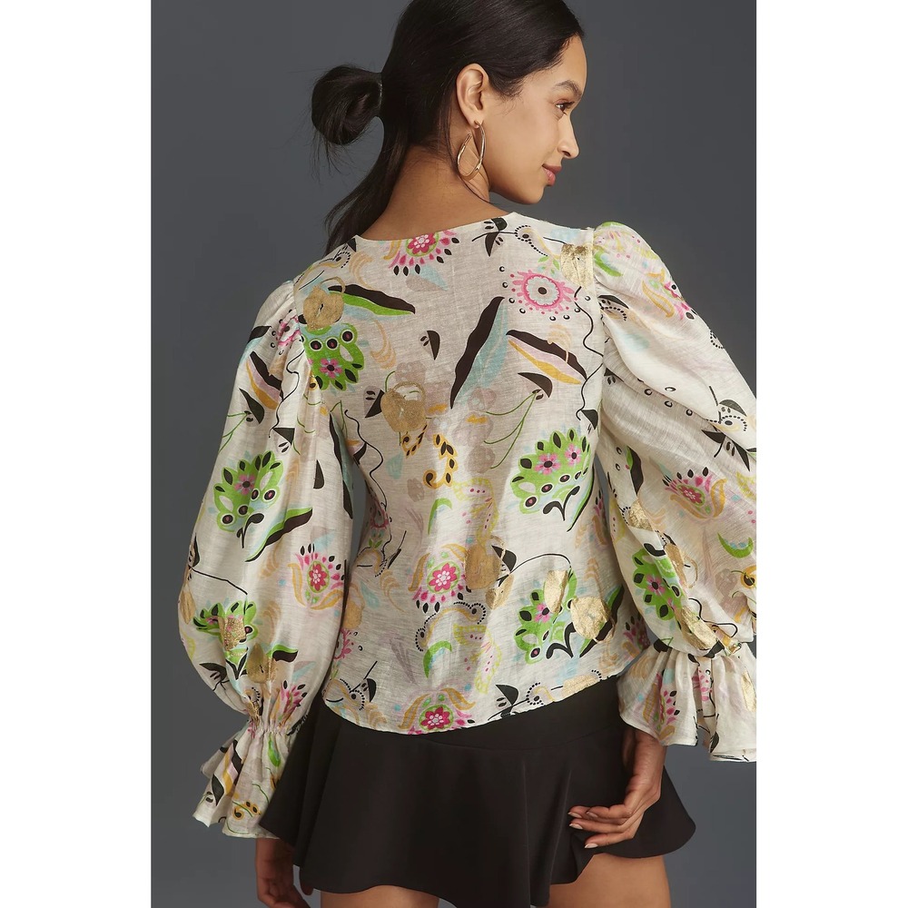 Cynthia Rowley Love Locket Linen Silk Puff Sleeve Blouse Gold Foil Ivory Small - Picture 4 of 13